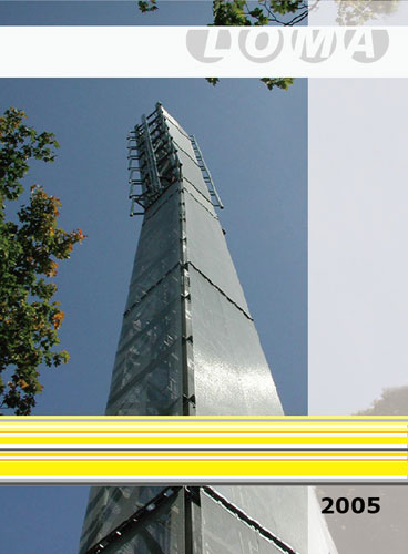 A tall tower on a cover with yellow stripes