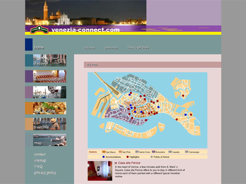 a website in cyan-violet tones tones with a map