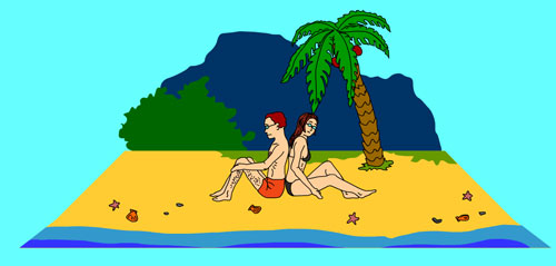 Walther Wiesel and his wife Walda are sitting on the beach of a tropical Island