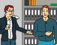 two men are standing in front of a bookshelf with files. One grins, the other is shocked