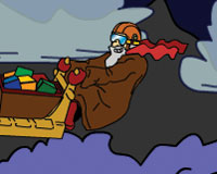 An old man riding a flying sled