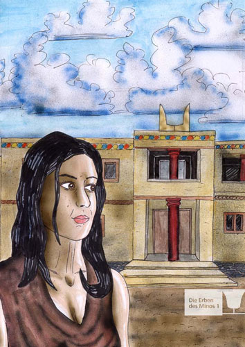 Danaë is standing in front of a Minoan Palace