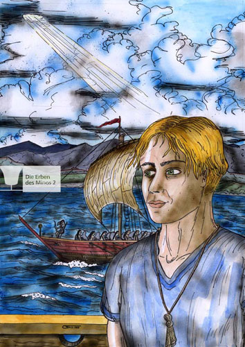 Philemon is standing at the rail of a ship/ A second ship is sailing on parallel course. In the Background the Cretan mountains can be seen