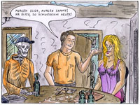 A man talking to a skeleton and a sex doll sitting at a table