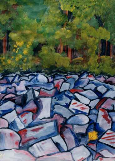 The forest in the top is painted very softly, impressionistic, while the stones in the bottom are painted in a hard, expressionistic style.