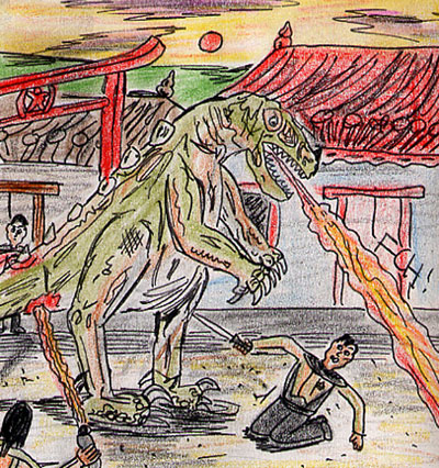 a man is trying to attack a fire-breathing dragon