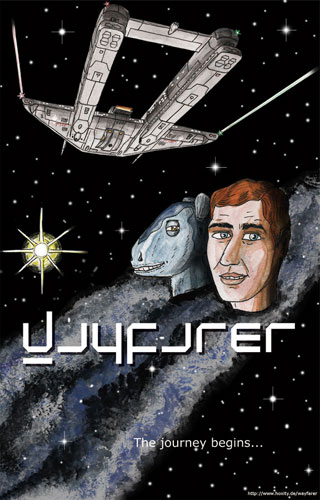 A spaceship is seen soaring above the image of the head of a human and a fishlike alien, the background shows the mikhy way and a bright star